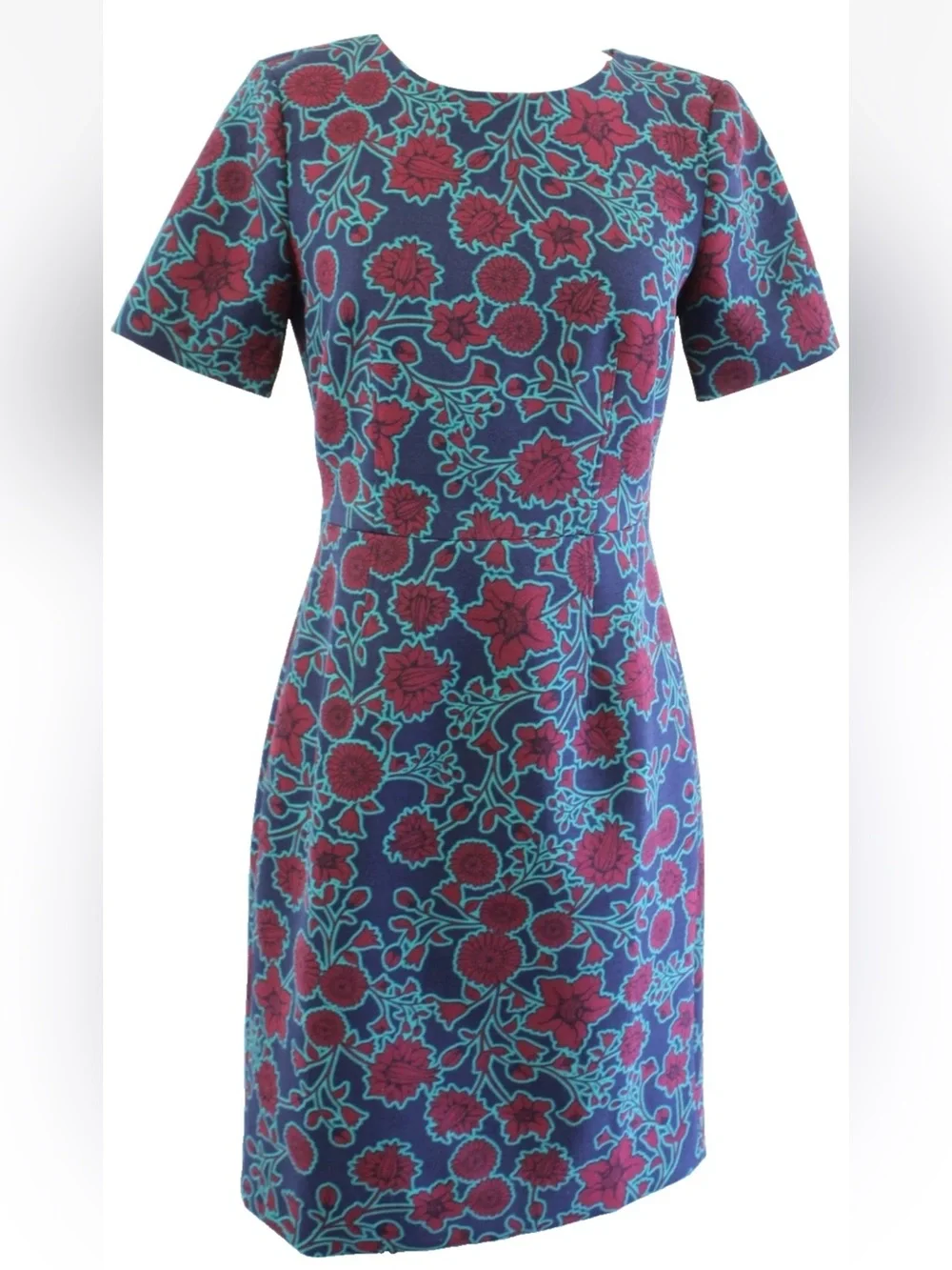 J Crew Factory Floral Print Short Sleeve Sheath Dress Size 6 Navy Blue Green